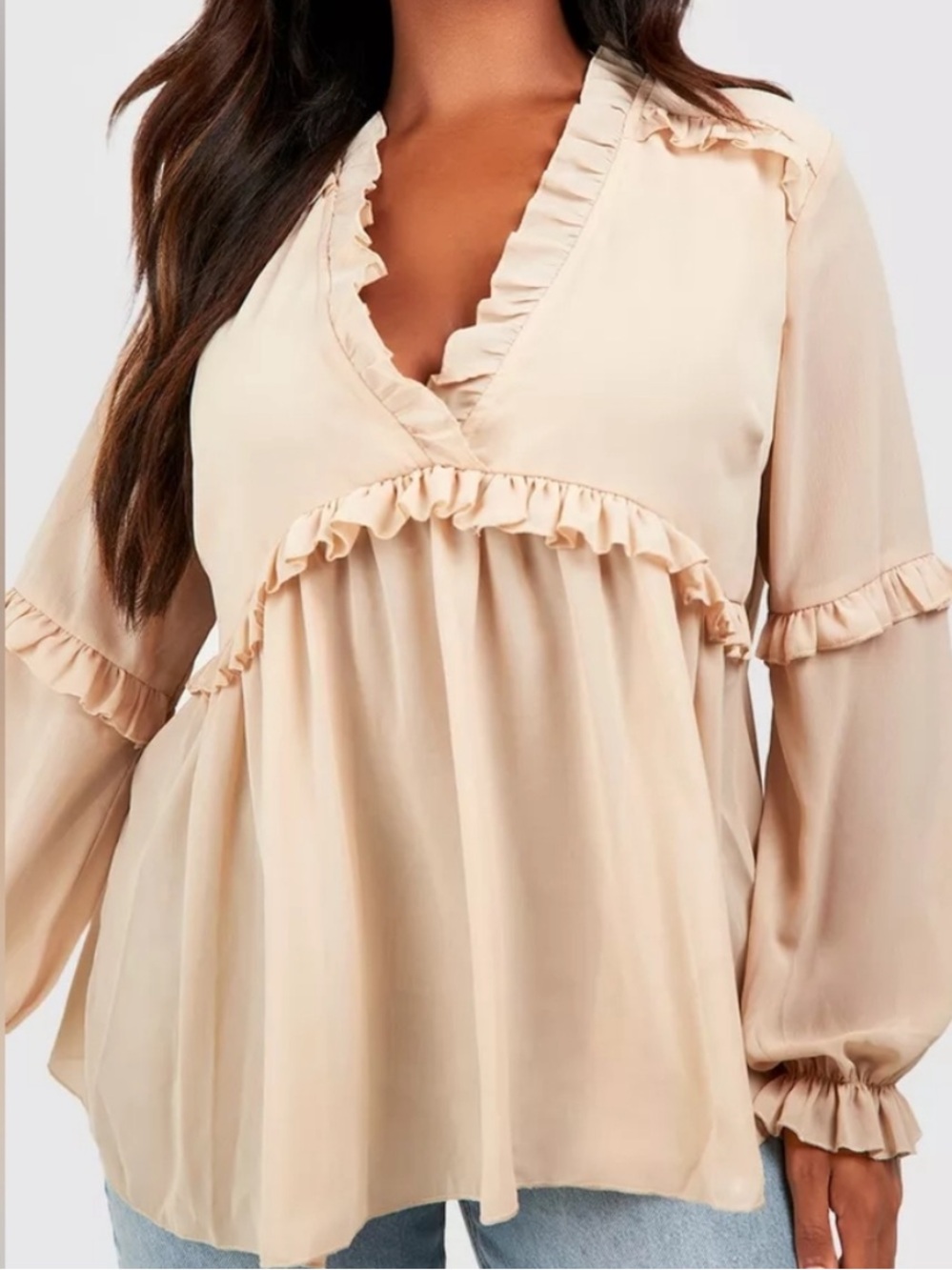Boohoo Plus Cream Ruffle Peasant Blouse
